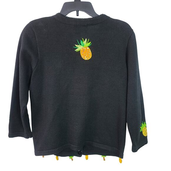 Jack B Quick Black Green Yellow Embellished Pineapple Floral Cardigan Sweater - Picture 2 of 4